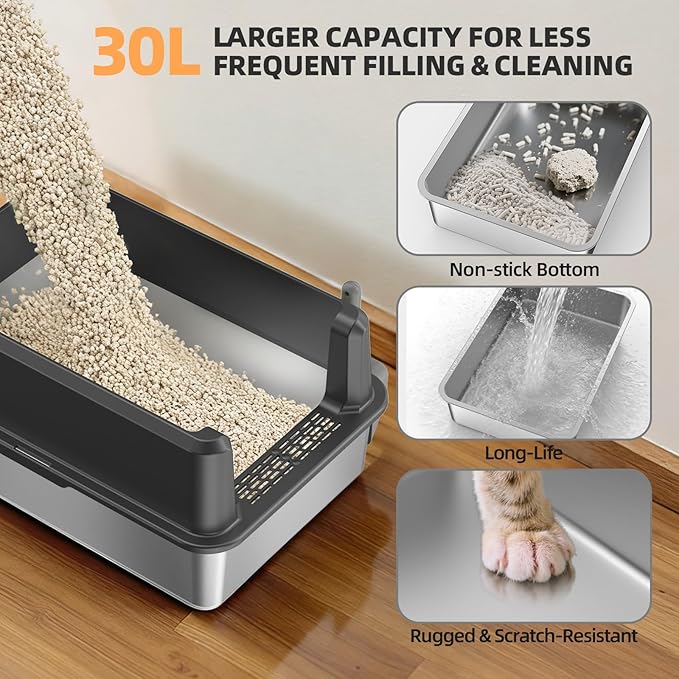 Enclosed Stainless Steel Cat Litter Box with Lid, XL Extra Large Litter Box for Big Cats, Metal Litter Pan High Sided, Never Absorbs Odors, Anti-Urine Leakage, Include Scoop (65-Darkgray)