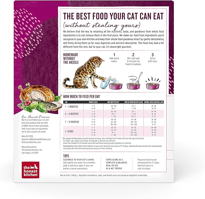 The Honest Kitchen Human Grade Dehydrated Grain Free Chicken & Fish Cat Food - Complete & Balanced Meal or Topper - 4 lb Box