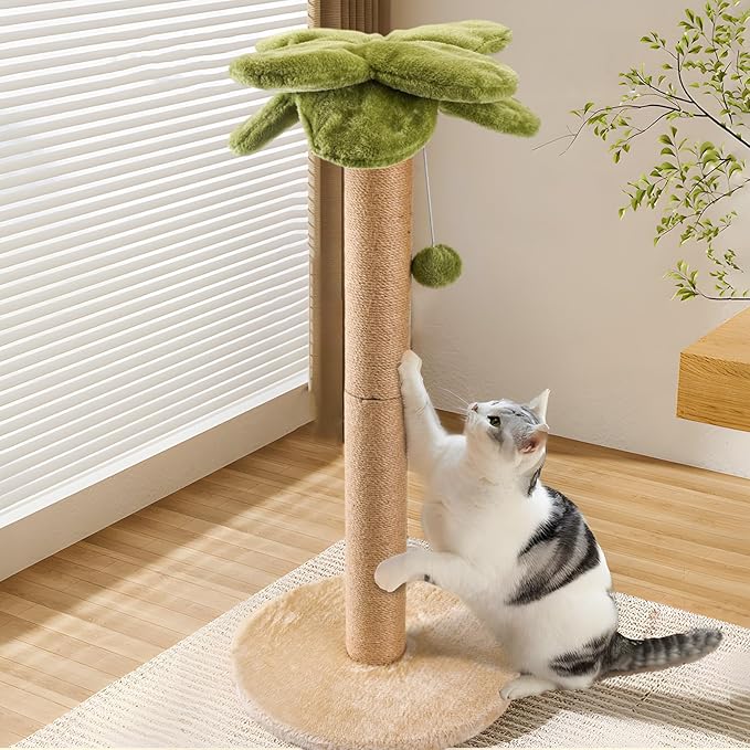Cat Scratching Post Palm Tree Shape, Sturdy 34 inches Tall Sisal Scratch Post with Interactive Dangling Ball, Cute Cat Scratcher for Indoor Cats