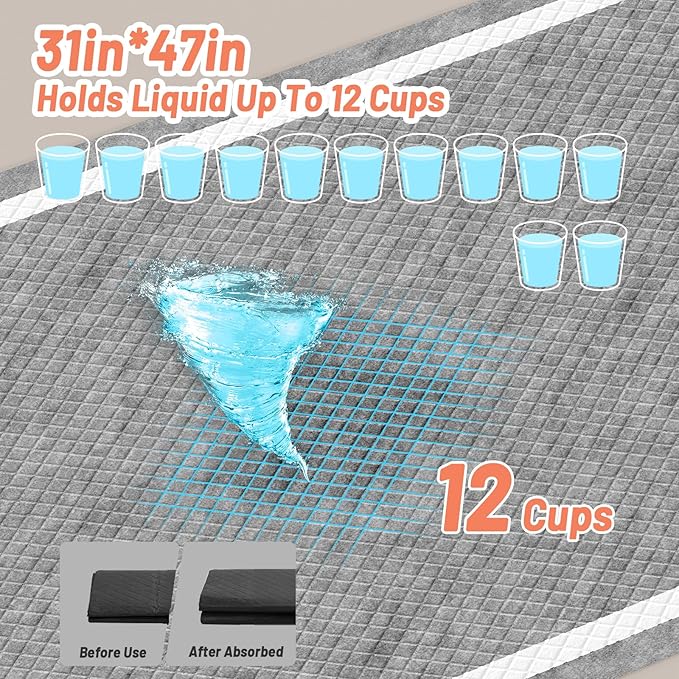 40PCS Charcoal Pee Pads for Dogs 31"x47", Extra Large Odor-Control Carbon Puppy Pads, Ultra-Absorbent & Quick Dry, Thicken Potty Training Pads for Doggie Cats Rabbits, Black Pet Piddle Pad