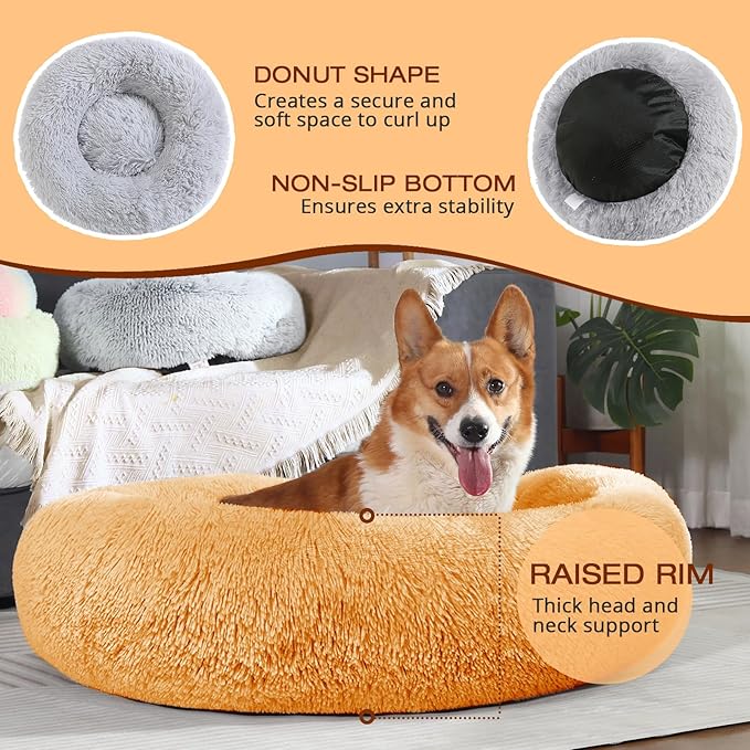 JOLLYVOGUE Dog & Cat Bed, Calming Anti-Anxiety Pet Bed for Small Dogs, Fluffy Donut Cushion for Small and Medium Pets (23")