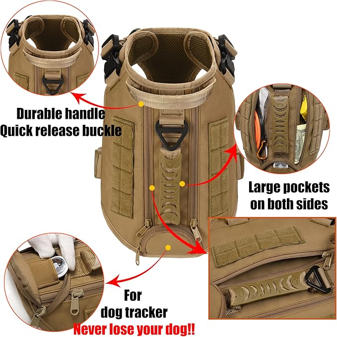 Tactical Dog Backpack Harness for Large Breed Original Design Metal Buckle Vest with Side Bags Pouches for Service Working Training (Khaki (Vest only), M)