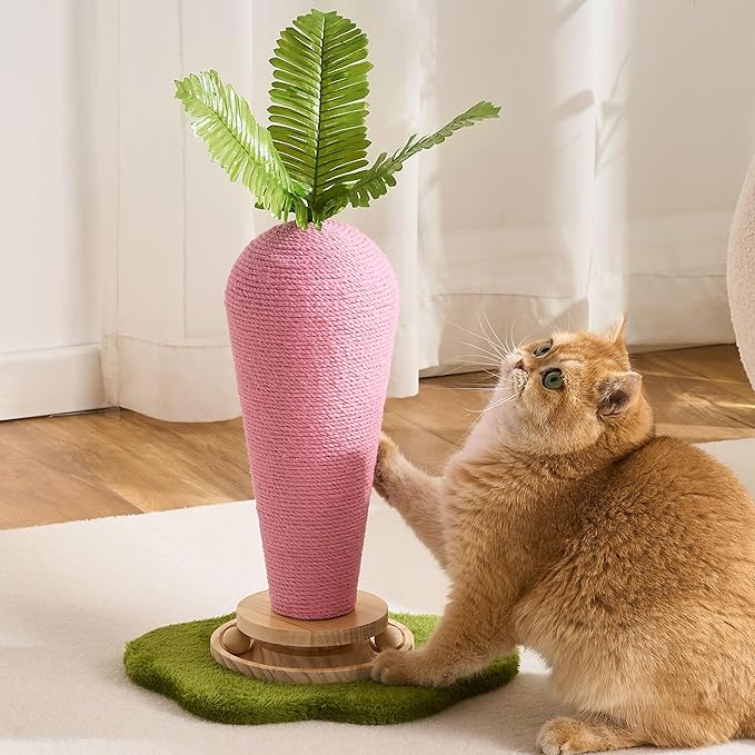 Cute Cat Scratching Post, Carrot Cat Scratcher Post with Durable Natural Wooden Turntable Toy and Catnip, 24'‘ H Carrot Shape Design Sisal Cat Tree Sisal Scratcher for Indoor Cats (Cloud Base)