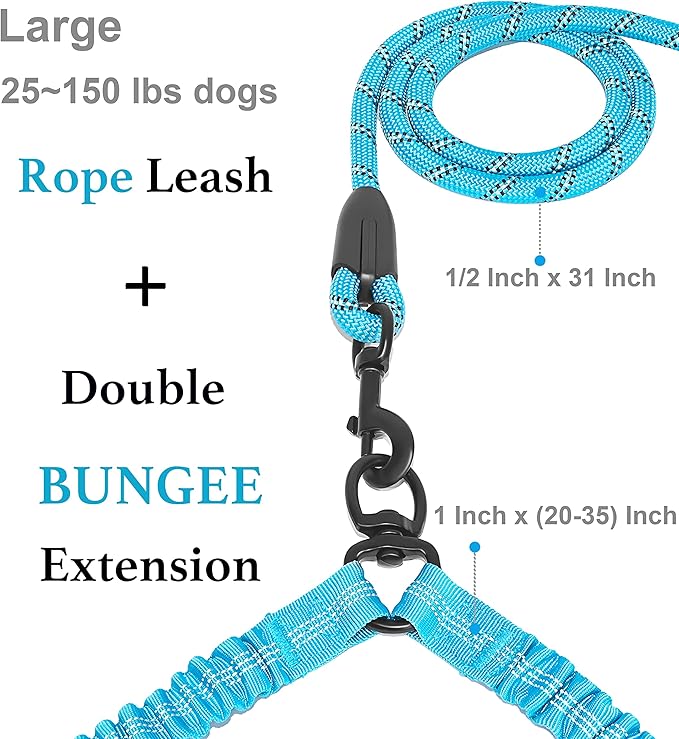 iYoShop Dual Dog Leash - 360° Swivel, No Tangle Walking Leash with Shock Absorbing Bungee for Two Dogs (Large, 25-150 lbs, Blue)
