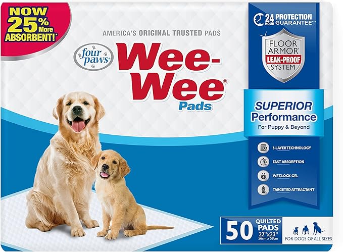 Four Paws Wee-Wee Superior Performance Unscented Pee Pads for Dogs & Puppies, Quilted Leak-Proof Dog Housebreaking Potty Training Floor Protection, 22" x 23", 50 Count