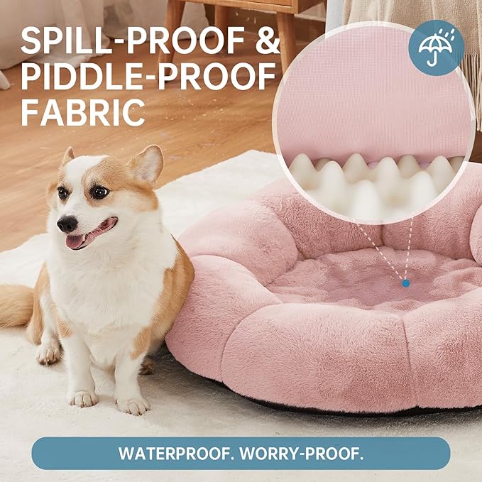 OhGeni 31 inches Calming Donut Orthopedic Dog & Cat Bed for Medium Pets, Warming Comfort Fluffy Short Pile Fur, Durable Waterproof Machine Washable Removable Cover, Cute Round Bed for Puppy, Pink