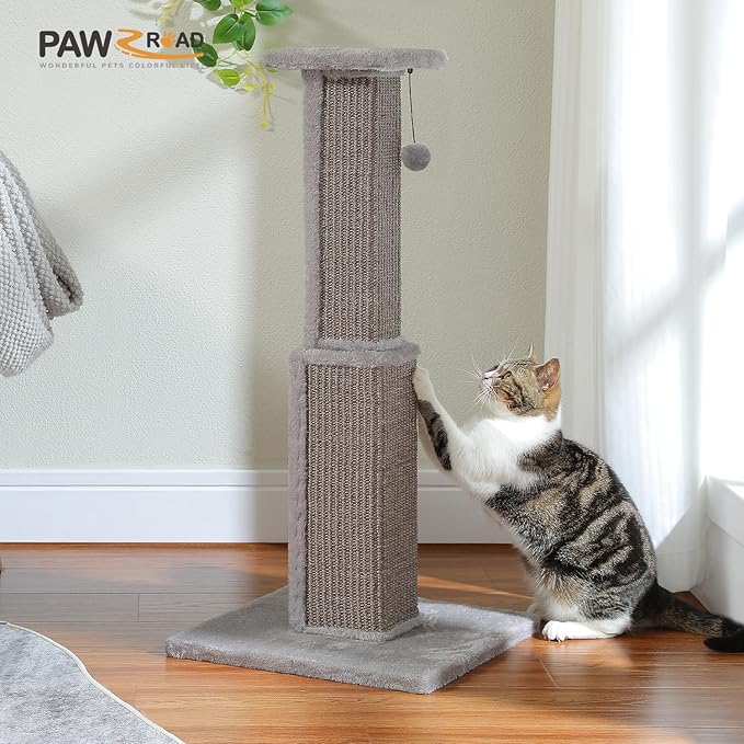 PAWZ Road Large Cat Scratching Post 32” Tall Scratching Post for Indoor Cats Adults Ultimate Scratch Post with Woven Sisal, Large Base and Removable Dangling Ball- Grey