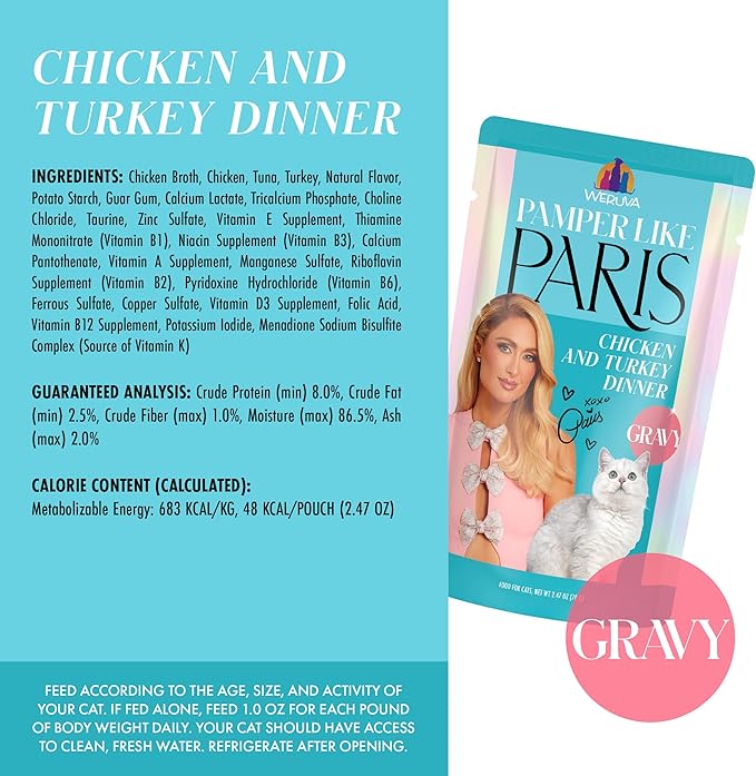 Weruva Paris Hilton Pamper Like Paris Wet Cat Food, Chicken and Turkey in Gravy, 2.47oz Pouch, Pack of 12