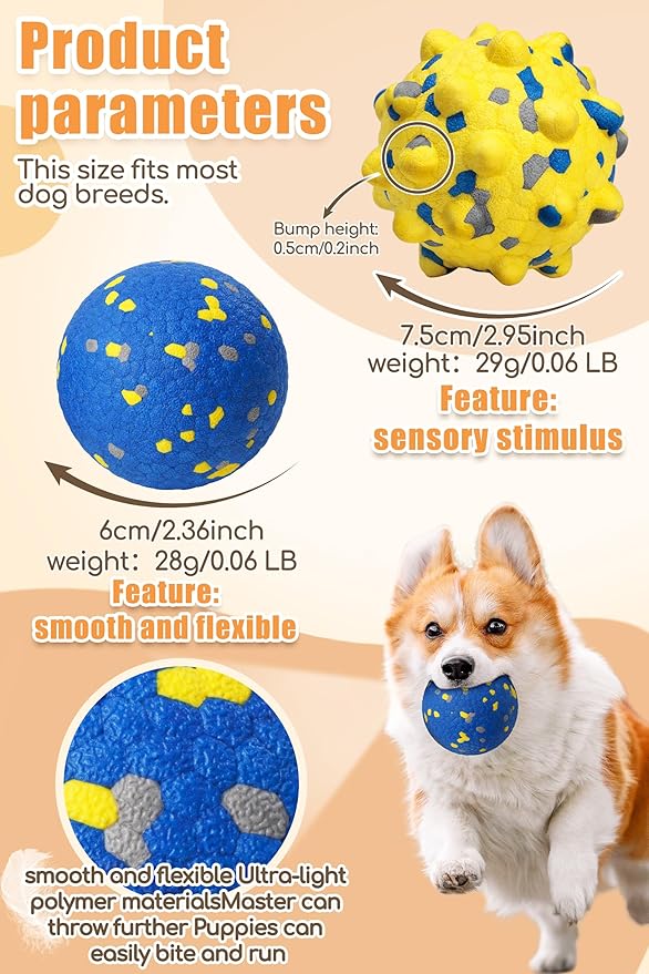 Dog Tennis Balls for Aggressive Chewers, Indestructible Durable Bouncy Interactive Toy for Dogs Fetch Game Lightweight Floating Outdoor Training(2 Yellow Point+ 2 Blue Cirle Medium)
