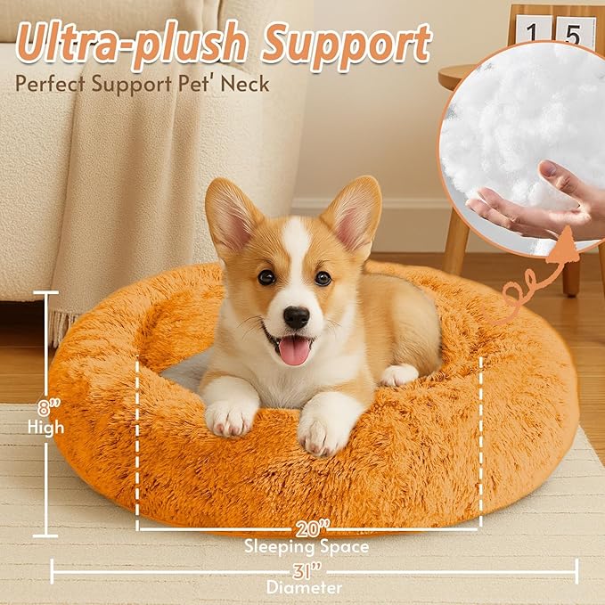 JOLLYVOGUE Calming Dog Bed Medium Size Dog, Anti-Anxiety Donut Medium Pet Bed, 31 inches Fluffy Faux Fur Round Cat Bed, Fits up to 45 lbs Pets (Orange)