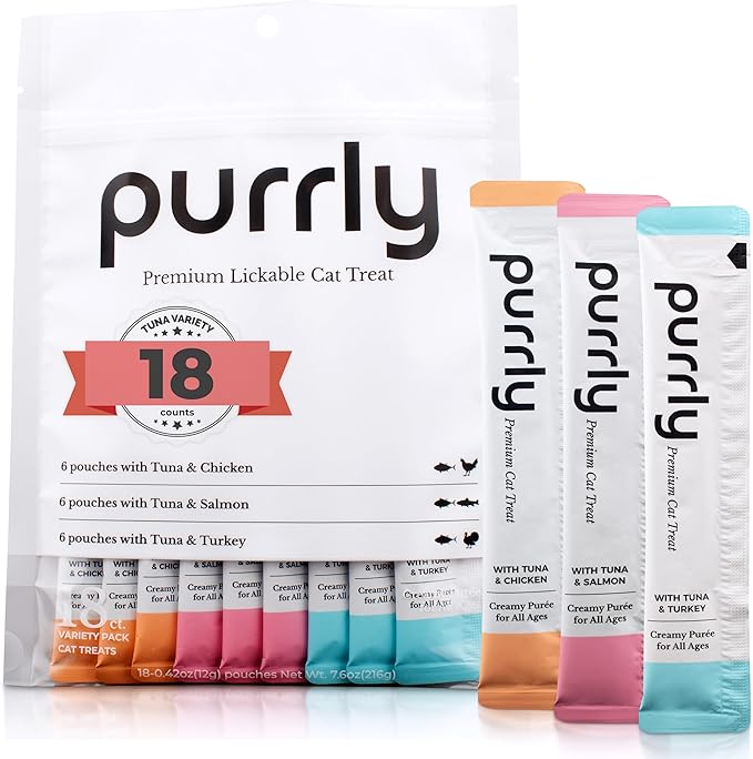 Purrly Cat Treat Snack Wet Lickable Low Calorie Healthy Grain-Free Tuna Variety Packs (18 Count) Squeezable Creamy Purée with Human-Grade Proteins and Functional Nutrients No-Artificial-Additives