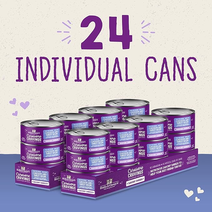Stella & Chewy's Carnivore Cravings Savory Shreds - Wet Cat Food - High-Moisture Formula with Premium Real Meat - Perfect for Picky Eaters - Chicken & Turkey, 5.2 oz, 24 Count
