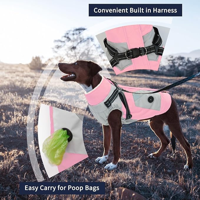 IECOii Dog Winter Coat with Harness Built in, Waterproof Windproof Dog Coats for Large Dogs, Thermal Fleece Cold Weather Jackets with Zip, Outdoor Warm Snow Jacket Reflective, Pink, XXXL
