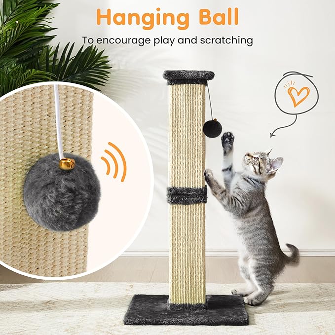 Indoor Cat Scratching Post: 32 in Tall Cat Scratcher with Natural Sisal Rope, Kitty Pet Tower with Sturdy Wood Base and Hanging Ball Toy, Great Gift for Small and Large Kittens, Dark Grey