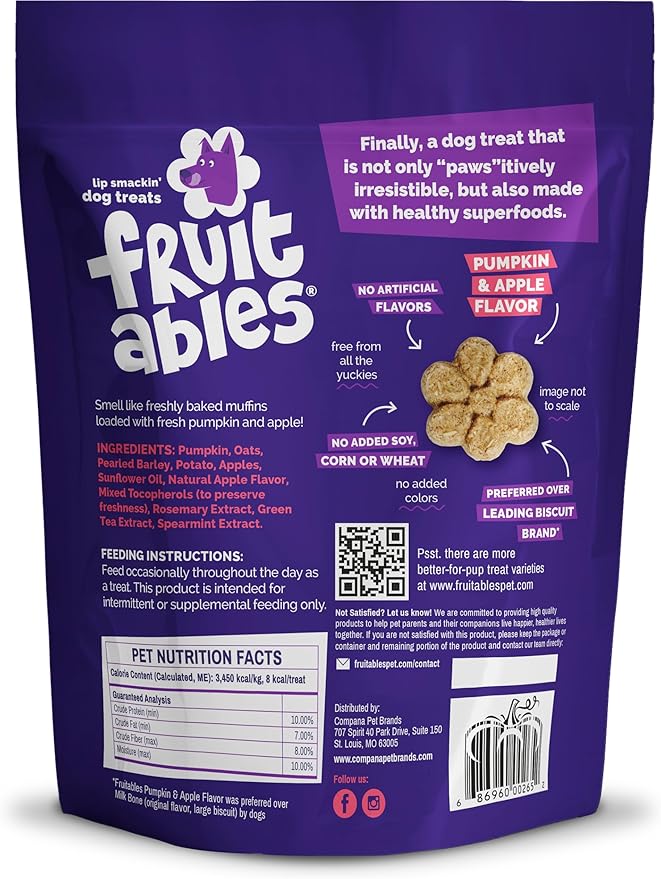 Fruitables Baked Dog Treats, Healthy Pumpkin Treat for Dogs, Low Calorie & Delicious, Free of Wheat, Corn and Soy, Made in The USA, Pumpkin and Apple Flavor, 20oz
