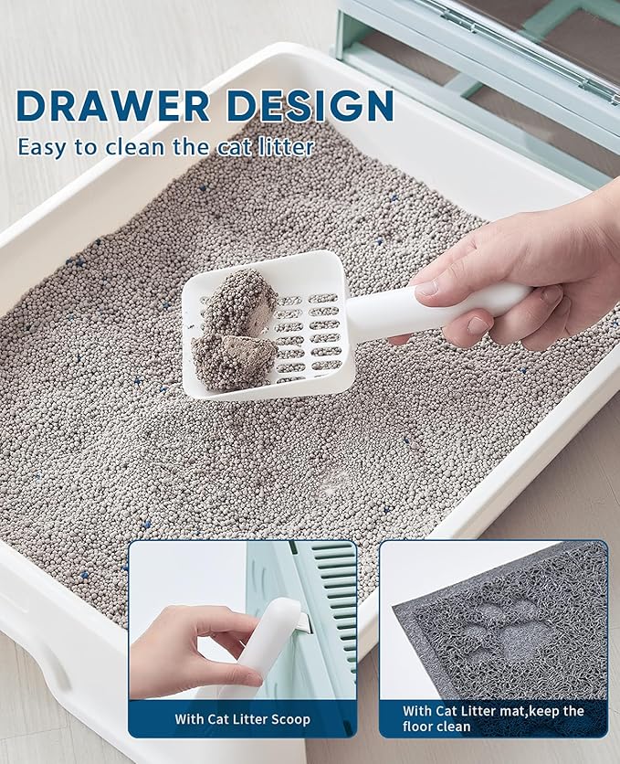 Cat Litter Box with Litter Mat and Scoop, Large Foldable Litter Box with Lid, Front Entry Top Exit Kitty Box, Odor Control, Easy to Clean (Blue)