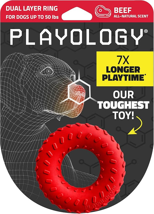 Playology Dog Toys | Dual Layer Ring Durable Chew Toy for Aggressive Chewers | Medium Beef Scented Toy - Easy to Clean and Made from Non Toxic Materials