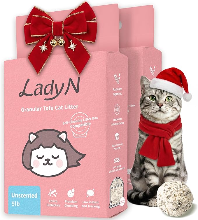 Lady N Granular Tofu Cat Litter Mini-Pellet Compatible with Automatic Self Cleaning Cat Litter Box, Strong Clumping, Low Dust, Activated Charcoal Odor Control 18lb