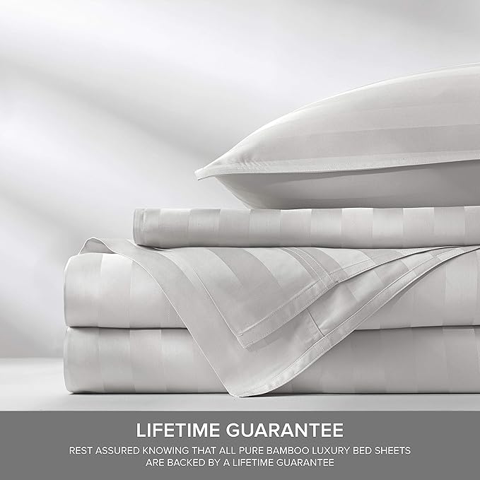 Pure Bamboo Split King Sheets, Genuine 100% Organic Viscose Derived from Bamboo Bed Sheet Set, Soft & Cooling, Double Stitching, 2 Fitted Sheets (Split King, Jacquard White)