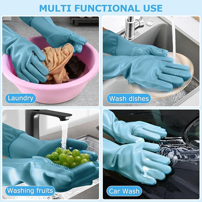 Dog Washing Gloves | Pet Grooming Gloves | Extra Long Arms (17.3") for Cats & Dogs | Massage & Hair Removal Pet Glove (Hazy Blue)