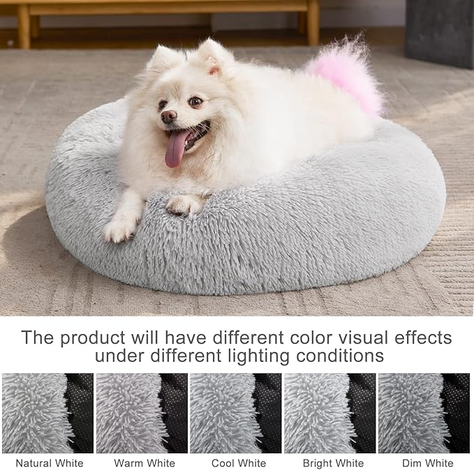 MIXJOY Calming Cat Beds for Indoor Cats, 20'' Kitten Donut Bed for Pet Up to 15lbs, Fluffy Small Cat Cuddler Bed, Anti-Anxiety Plush Faux Fur Large Cat Bed Washable (20'', Grey)