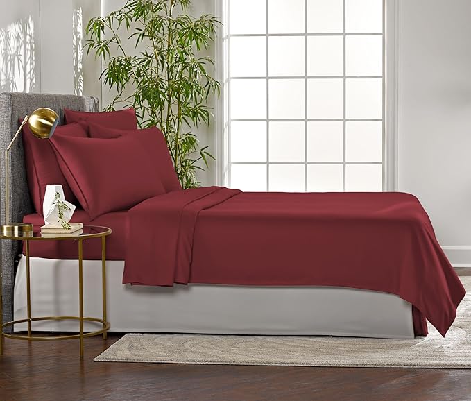 Pure Bamboo King Sheets, Genuine 100% Organic Viscose Derived from Bamboo Bed Sheet Set, Luxuriously Soft & Cooling, Double Stitching, 2 Year Quality Promise (King, Merlot)