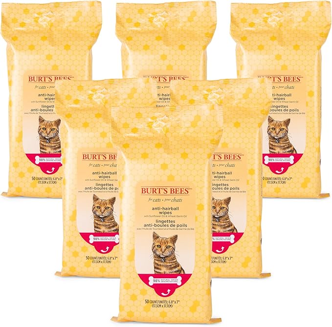 Burt's Bees for Pets Anti-Hairball Wipes for Cats with Sunflower Oil and Wheat Germ Oil, 98% Natural Origin Formulas, Cat Hairball Remedy, Cat Wipes for Hairballs, 50 Count - 6 Pack