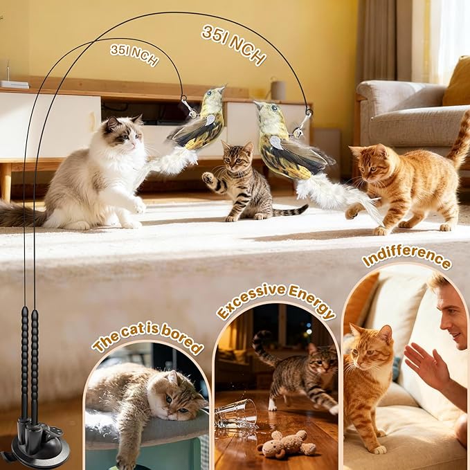 Interactive Cat Toy — Realistic Bird Teaser Wand with Double-Head Suction Base and 2 Gray Bird Attachments for Indoor Self-Play, Exercise & Enrichment for Kittens, Adult Cats & Multi-Cat Homes