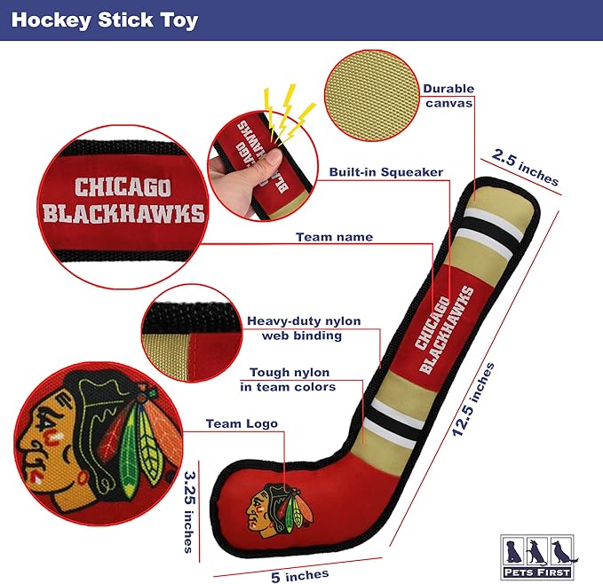 Pets First Dog Toy Tough Nylon with Inner Squeaker Licensed by NHL Chicago Blackhawks Hockey Stick Toy for Dogs & Cats. Play Hockey with Your Pet with This Licensed Dog Tough Toy