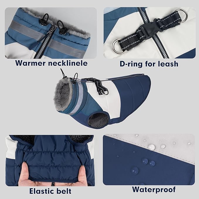 azuza Dog Jacket Waterproof Winter Coat for Small Dogs, Warm Fleece Vest with Reflective Strips & Built-in Harness, Windproof Back Zipper, Navy S