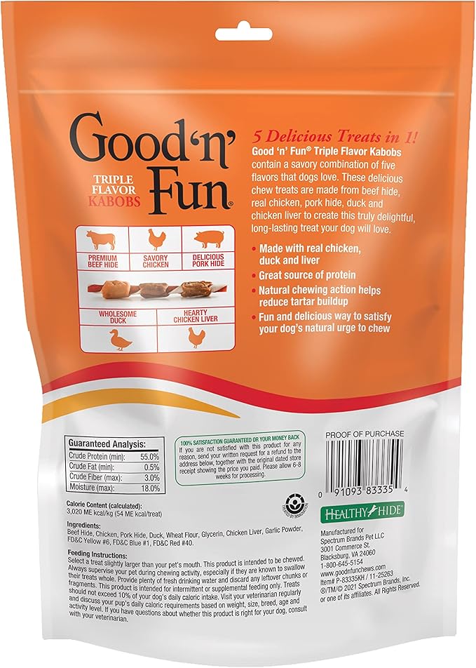 Good'N'Fun Triple Flavored Rawhide Kabobs For Dogs, 4-Ounce