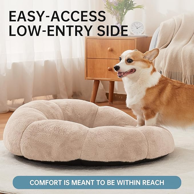 OhGeni 31 inches Calming Donut Orthopedic Dog & Cat Bed for Medium Pets, Warming Comfort Fluffy Short Pile Fur, Durable Waterproof Machine Washable Removable Cover, Cute Round Bed for Puppy, Cream