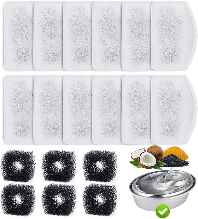 12 Pack Replacement Filters for D60 100oz/3L Automatic Dog Fountain, ZEKIRY Carbon Cat Water Fountain Filter, Triple Filtration Pet Water Dispenser Filters(6Pcs Pump Sponges)