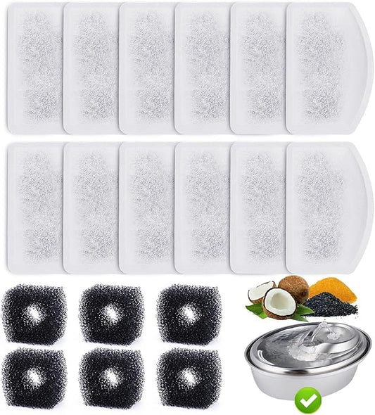 12 Pack Replacement Filters for D60 100oz/3L Automatic Dog Fountain, ZEKIRY Carbon Cat Water Fountain Filter, Triple Filtration Pet Water Dispenser Filters(6Pcs Pump Sponges)