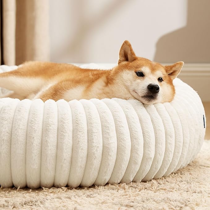 Bedsure Donut Large Dog Bed - Washable Faux Fur with Corduroy Fleece & Anti Slip Bottom, Round Pet Bed with Removable Cover, Cream, 36x36x8 inches