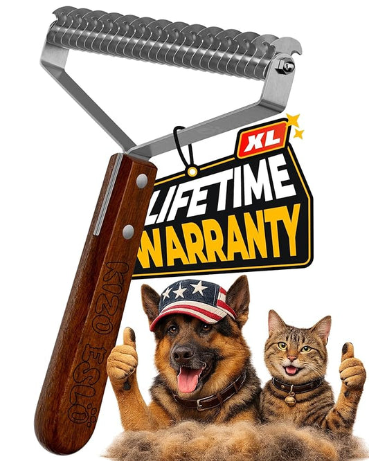 Extra Large 2-Sided Undercoat Rake for Dogs & Cats, Dog Brush for Shedding Remove Mats, Dematting Comb, Safe&Gentle Grooming Brush for German Shepherds Medium to Long-Haired Pets,Premium Wooden Handle