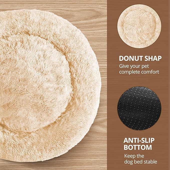 JOLLYVOGUE Calming Dog Bed Large Size Dog, Anti-Anxiety Donut Large Pet Bed, 36 inches Fluffy Faux Fur Round Cat Bed, Fits up to 75 lbs Pets (Off White)