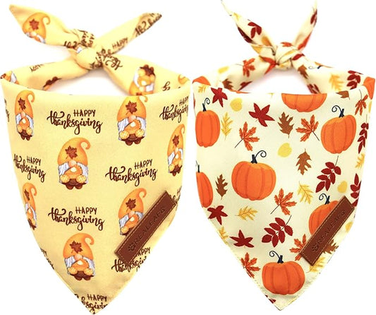 Realeaf Thanksgiving Dog Bandanas 2 Pack, Pumpkins and Happy Thanksgiving Pet Scarf for Boy and Girl, Premium Durable Fabric, Reversible Holiday Bandana for Medium and Large Dogs Pets (Large)