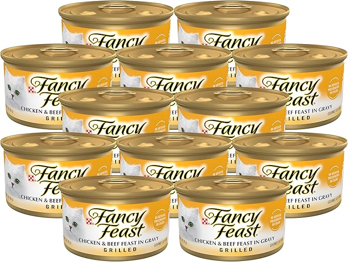 Purina Fancy Feast Grilled Wet Cat Food, Grilled Chicken & Beef Feast in Gravy, Wet Cat Food with No Artificial Preservatives or Colors, 3 OZ Can (Pack of 12)