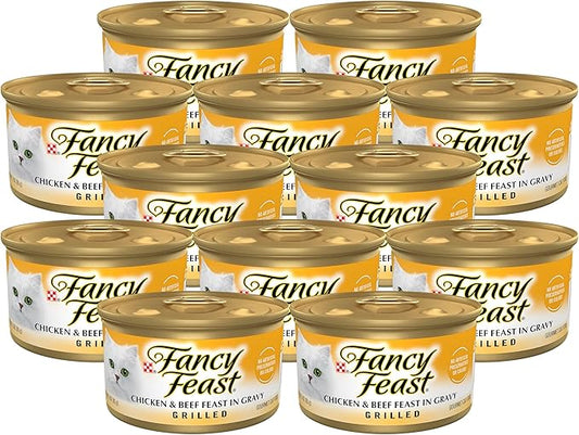 Purina Fancy Feast Grilled Wet Cat Food, Grilled Chicken & Beef Feast in Gravy, Wet Cat Food with No Artificial Preservatives or Colors, 3 OZ Can (Pack of 12)