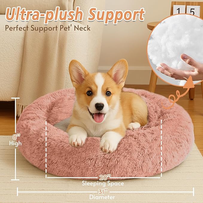 JOLLYVOGUE Calming Dog Bed Medium Size Dog, Anti-Anxiety Donut Medium Pet Bed, 31 inches Fluffy Faux Fur Round Cat Bed, Fits up to 45 lbs Pets (Peach Pink)