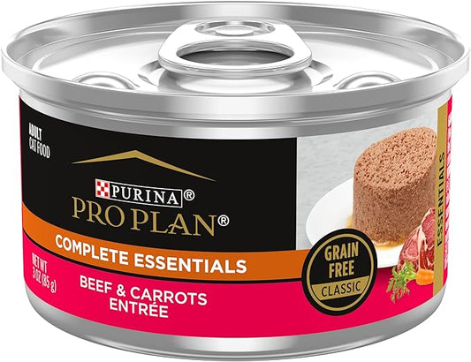 Purina Pro Plan Grain Free Wet Cat Food Pate, COMPLETE ESSENTIALS Beef & Carrots Entree Classic - (Pack of 24) 3 oz. Pull-Top Cans
