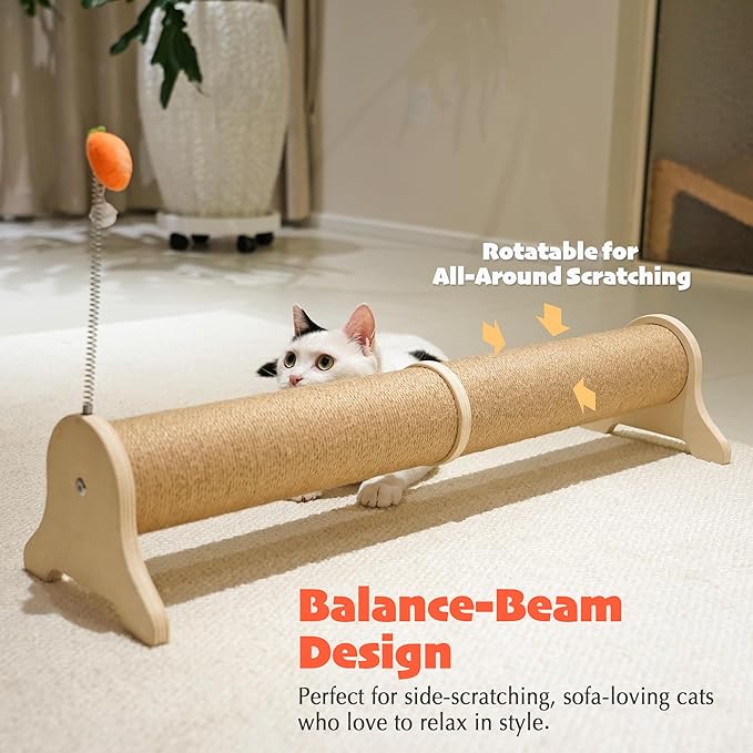 PETKARAY Horizontal Scratching Post, 30" Sisal Cat Scratch Post, Large Cat Scratcher with Spring Toy, Protect Furniture for Indoor Kitten