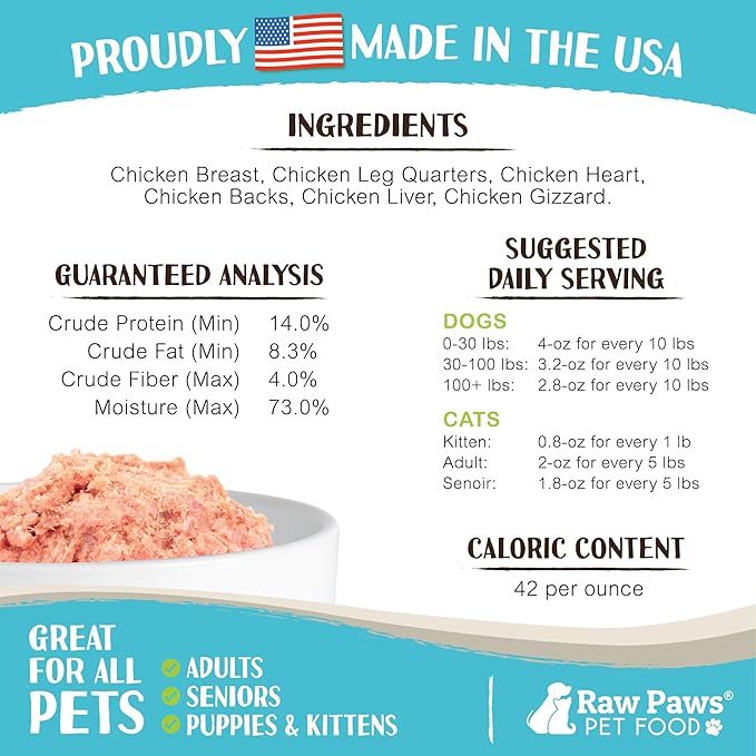 Raw Paws Signature Blend Pet Food for Dog & Cats - Chicken Recipe, 1-lb Rolls (10-Count) - Frozen Fresh Dog Food - Made in USA - Natural Raw Diet Dog Food Log