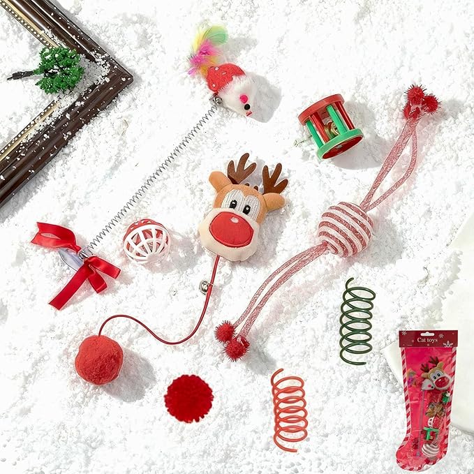 Walfront 8PCS Christmas Cat Toys, Cat Christmas Stocking Toy Set for Indoor Cats & Kittens, Includes Santa, Reindeer, Balls and Spring Toy, Interactive Cat Chew Toy, Holiday Fun and Active Play