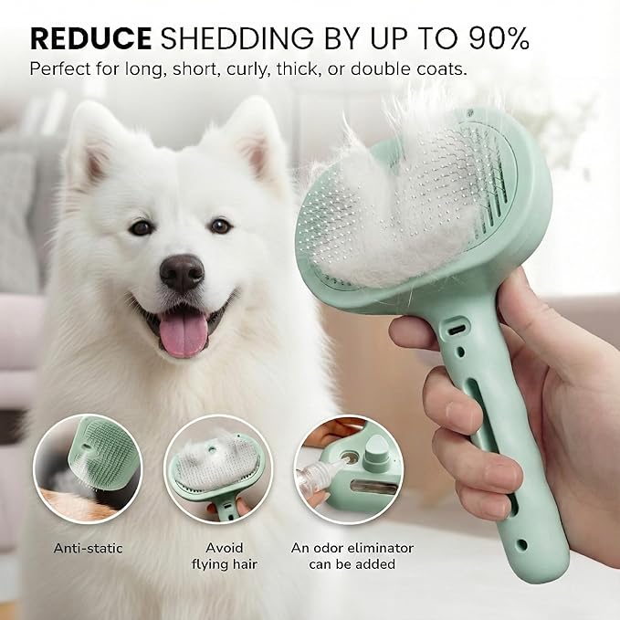SHAZORY Pet Steam Brush for Dog & Cat - 3-in-1 Steam Grooming Brush for Shedding & Hair Removal - Self Cleaning Spray Comb with Mist for Long Haired Pets - Includes Water Refill Bottle - Green