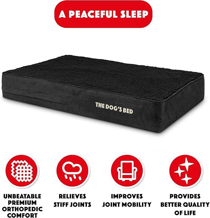 The Dog’s Bed Orthopedic Memory Foam Dog Bed, Large Black Plush 40x25, Pain Relief for Arthritis, Hip & Elbow Dysplasia, Post Surgery, Lameness, Supportive, Calming, Waterproof Washable Cover