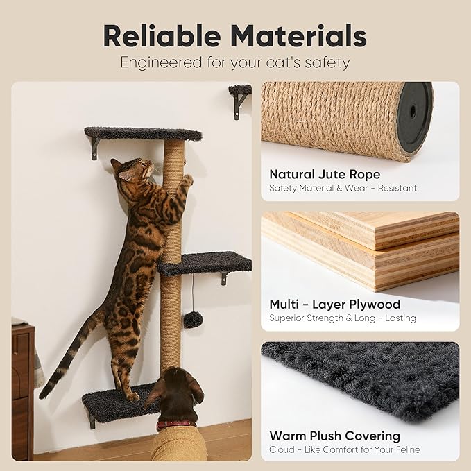 FUKUMARU Cat Wall Shelves, Stable & Safe 4 in 1 Cat Furniture Set, Wooden Climbing Wall with Scratching Post for 16 Inch Drywall - Gray