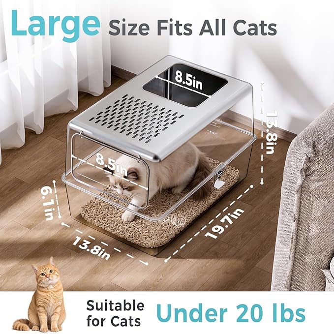 Large Enclosed Stainless Steel Litter Box with Lid, 19.7"x13.8"x13.8" High Sided Metal Cat Litter Box for Indoor Cats, Covered Dog Proof Kitty Litter Pan, Odor Free Tray, Non Sticky, L