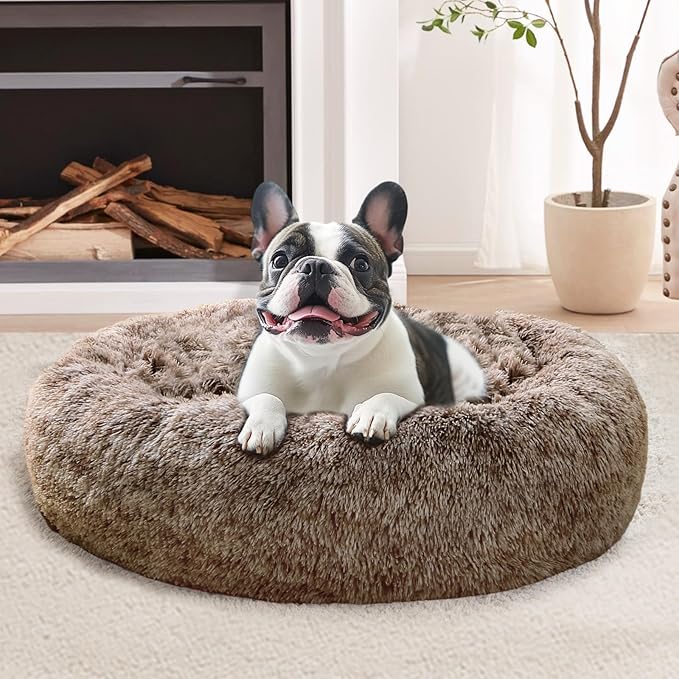 JOLLYVOGUE Calming Dog Bed for Small Dogs - 23 inches Donut Washable Small Dog Bed for Kittens & Puppies, Anti-Slip Round Fluffy Plush Faux Fur Cat Beds (Fits up to 25 lbs Pets, Smoke Brown)